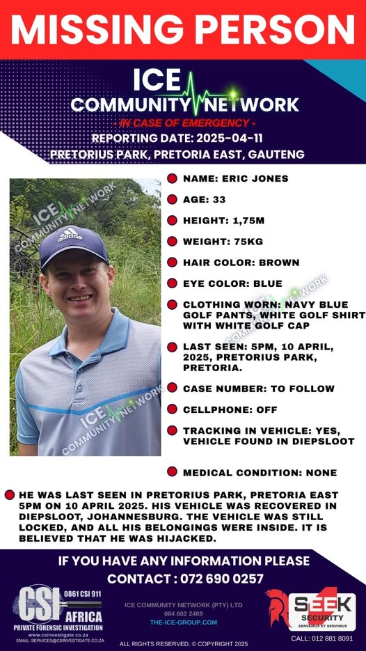 Eric Jones Missing: 33-Year-Old Disappears from Pretoria, South Africa